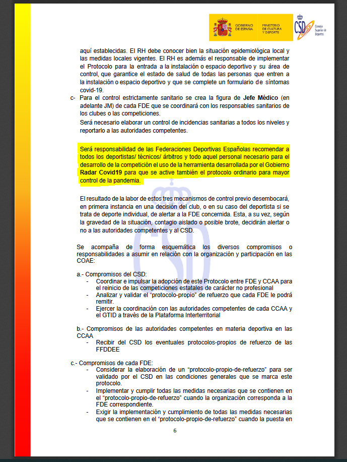 Recomendaciones de la Subdirección General de Alta Competición, dentro del apartado COVID-19